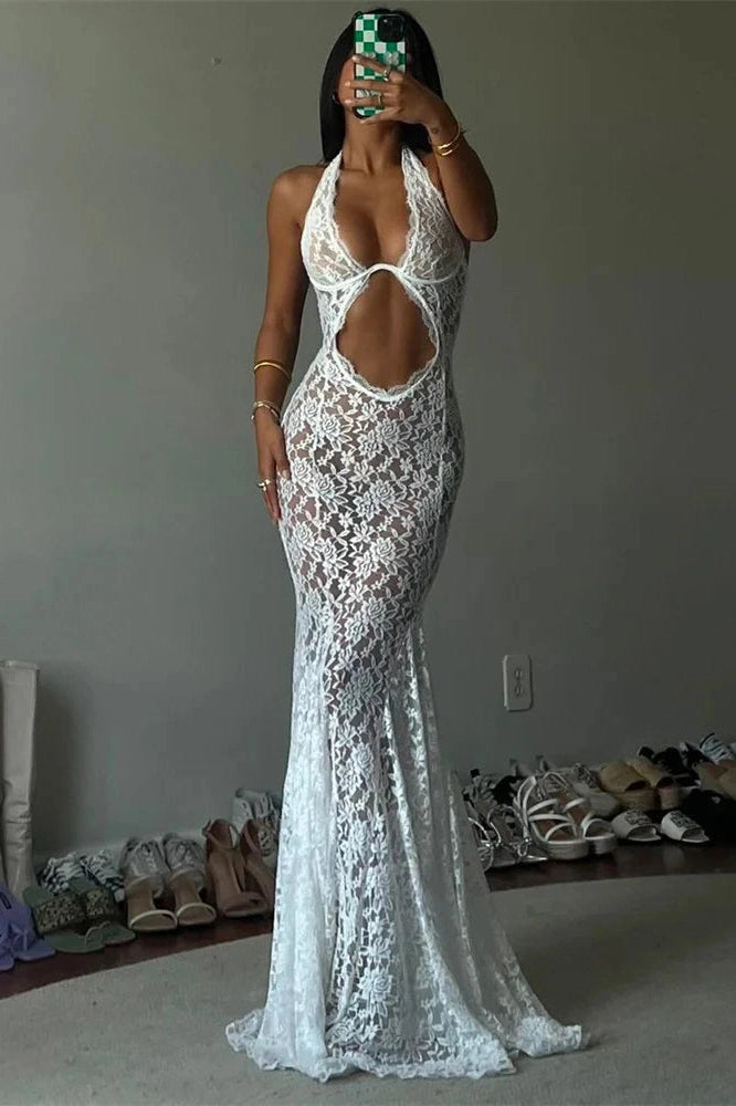 Glorol - Lace Printed Backless See-Through Patchwork Maxi Dress