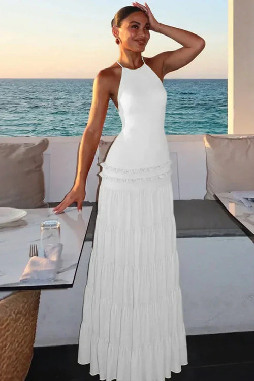 Backless Pleated Sleeveless High Waist Lace-Up A-Line Maxi Dress