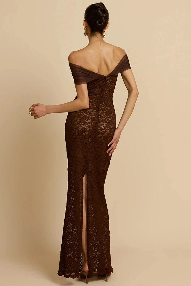 Glorol - Lace Off-Shoulder See Through Strapless Sleeveless Split Bodycon Maxi Dress
