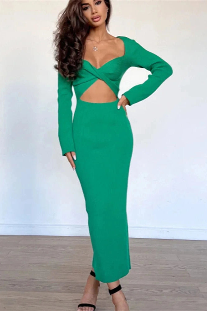 Glorol - Hollow Out Long Sleeve Patchwork Slim Midi Dress