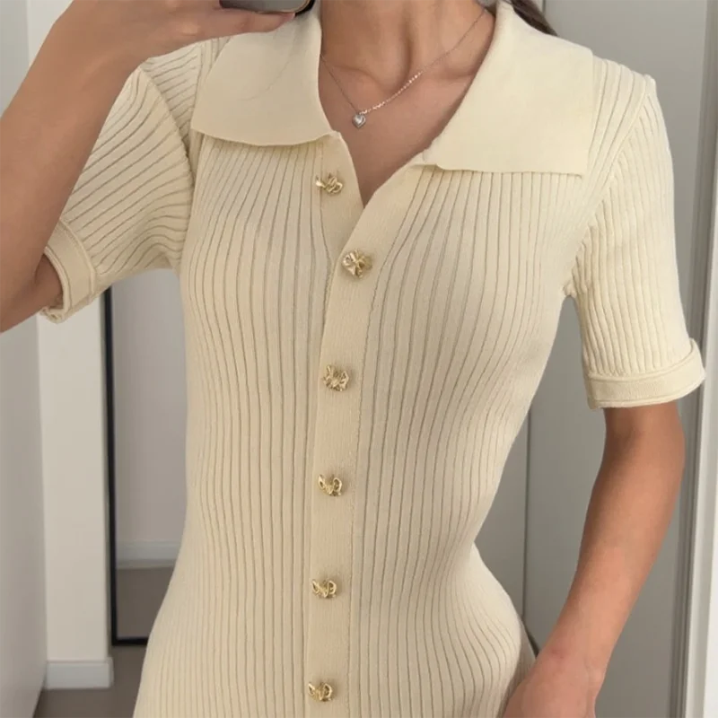 Glorol - Knitted Short Sleeve Slim High Waist Midi Dress