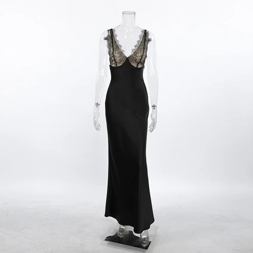 Glorol - Lace Patchwork V-Neck Backless Maxi Dress