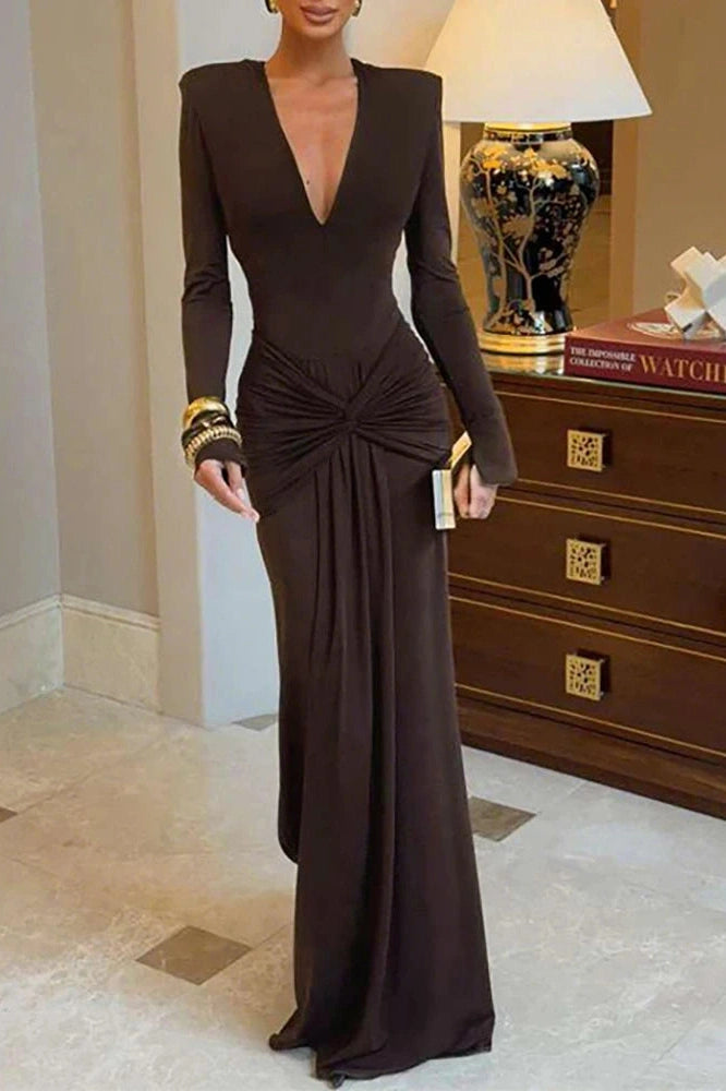 Glorol - Elegant Deep V-Neck Slim Long Sleeve Pleated Maxi Dress