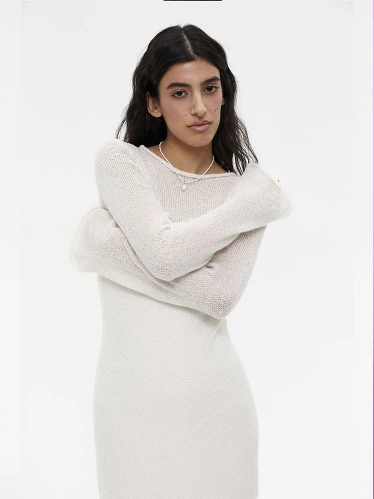 Glorol - See Through Loose Long Sleeve Knitted Maxi Dress