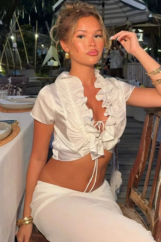 Glorol - Deep V-Neck Lace-Up Slim Top