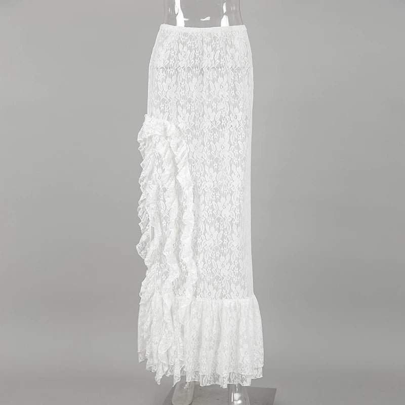 Glorol - High Waist See-Through Lace A-Line Skirt