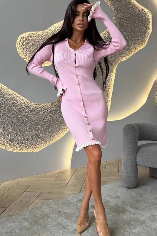 Glorol - Elegant Knitted Long Sleeve Single-Breasted Bodycon Mini Dress