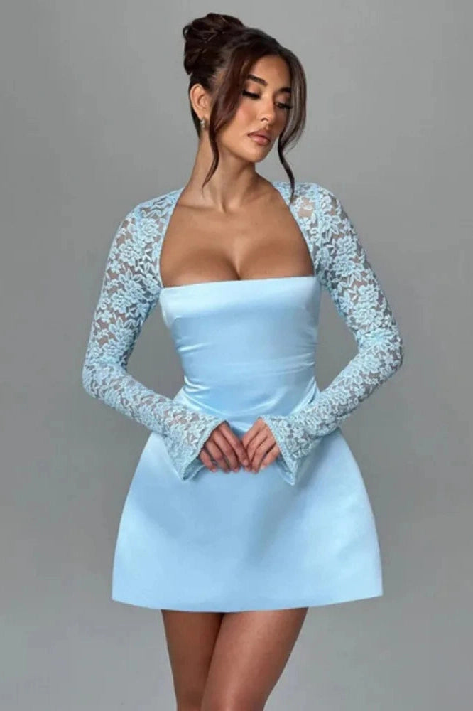 Glorol - Lace Long Sleeve Square Collar Backless A-line Mini Dress