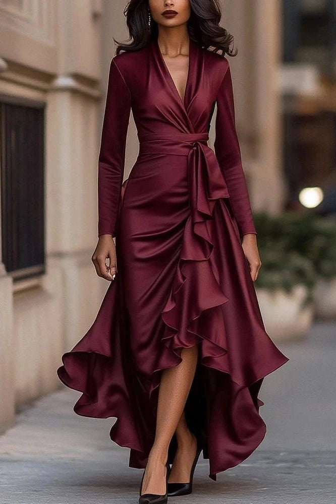 Glorol - Lace Up Off Shoulder V-Neck Slim Pleated Irregular Maxi Dress