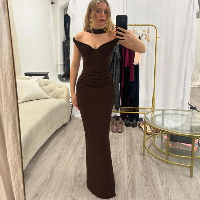 Glorol - Scarf Collar Strapless Backless Slit Maxi Dress