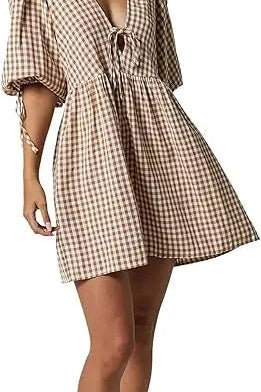 Glorol - Short Sleeve V Neck Plaid Mini Dress