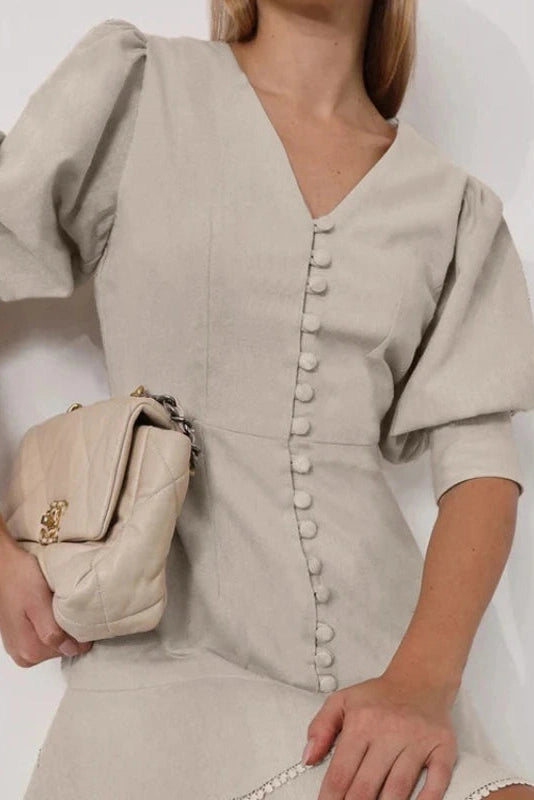 Glorol - Lantern Sleeve A-Line V-Neck Single-Breasted High Waist Mini Dress
