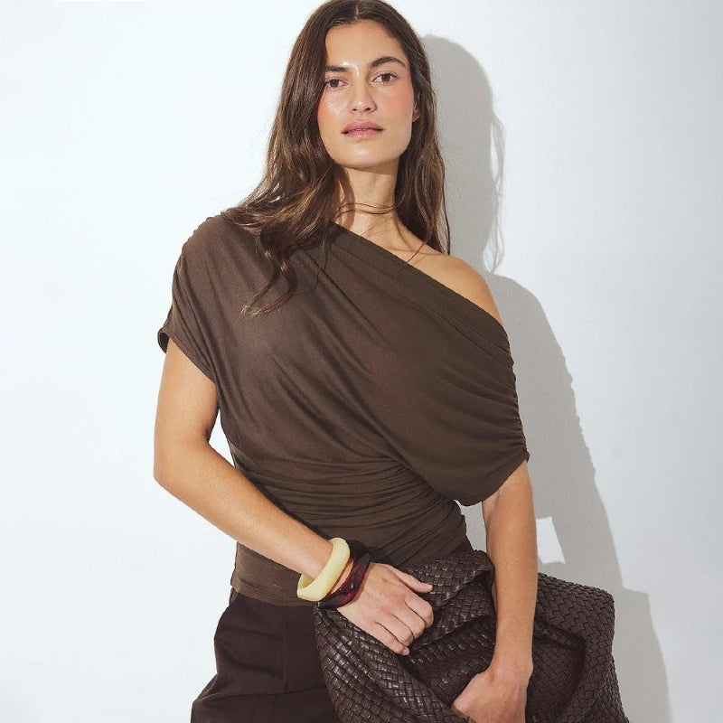 Glorol - One-Shoulder Pleated Short-Sleeve Top