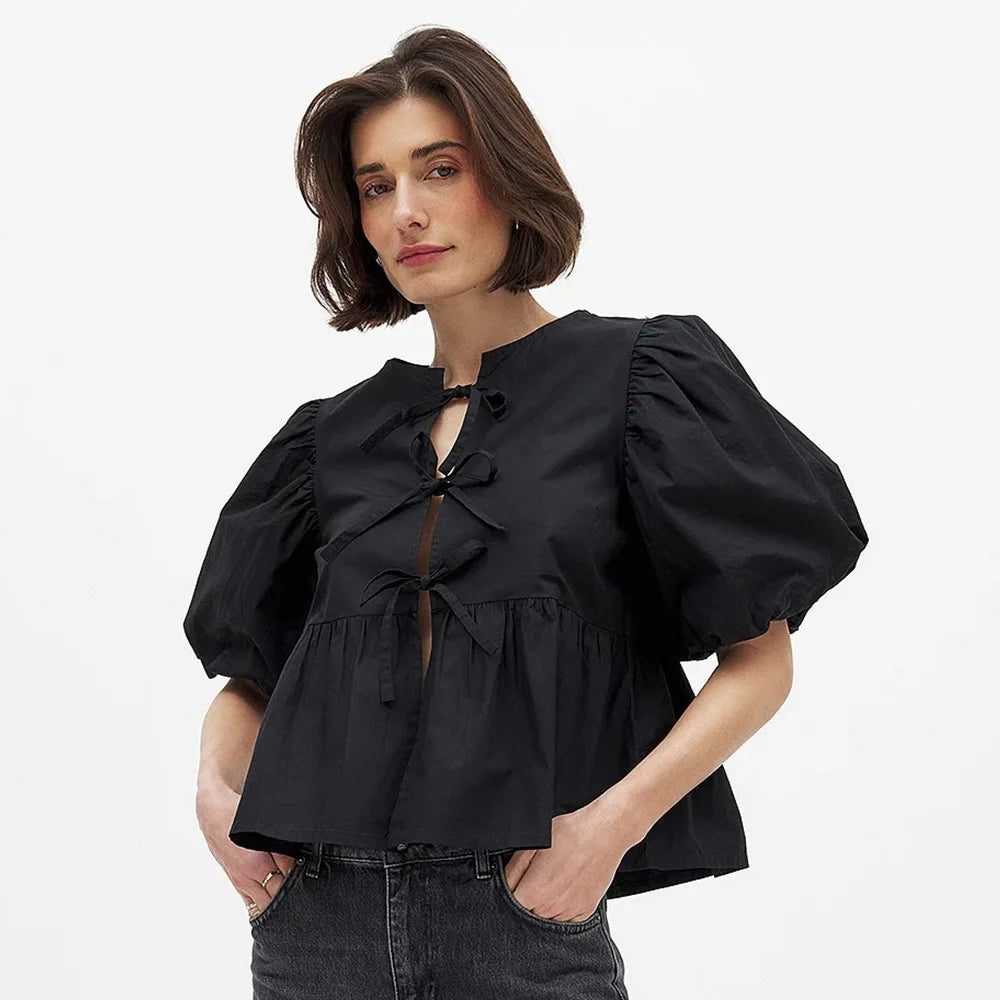 Glorol - Lace-Up Round Neck Loose Short-Sleeve Top