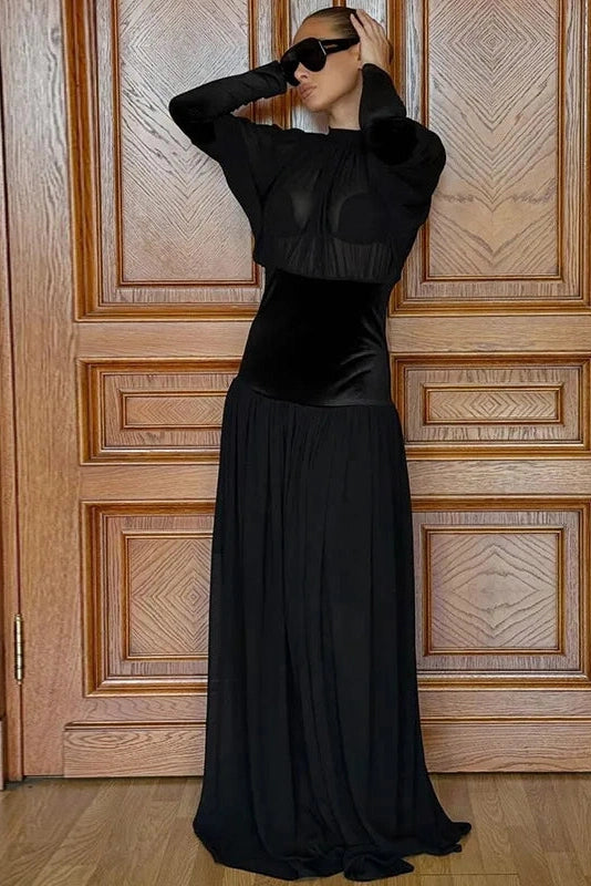 Glorol - Elegant Round Neck Long Sleeve High Waist Slim Maxi Dress