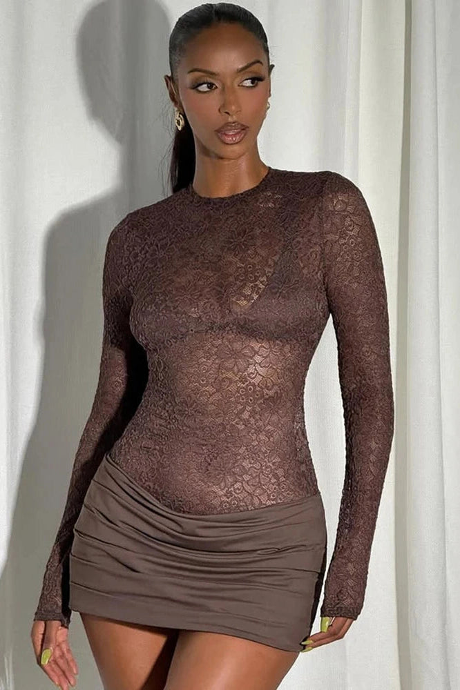 Glorol - Lace See Through O Neck High Waist Long Sleeve Mini Dress