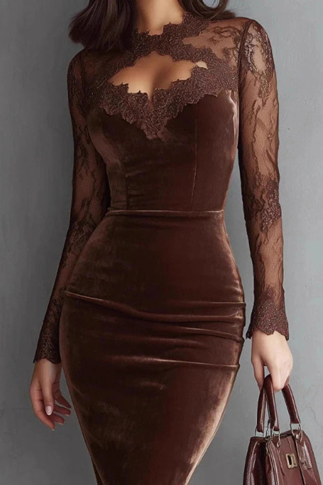 Glorol - Lace Hollow Out See-Through Sleeve Slim High Waist Midi Dress