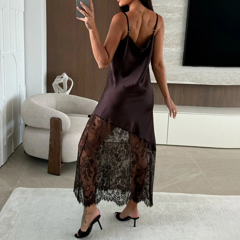 Glorol - Elegant Lace V Neck Maxi Dress