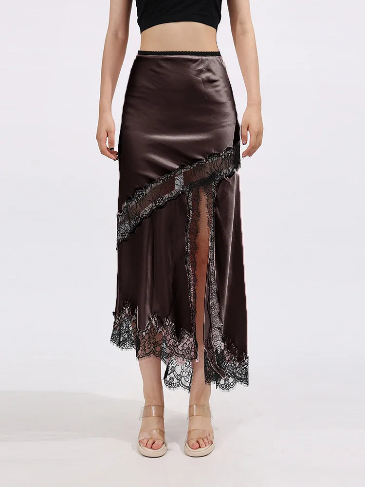 Glorol - High Waist Lace Splice Hollow Slit Skirt