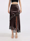 Glorol - High Waist Lace Splice Hollow Slit Skirt