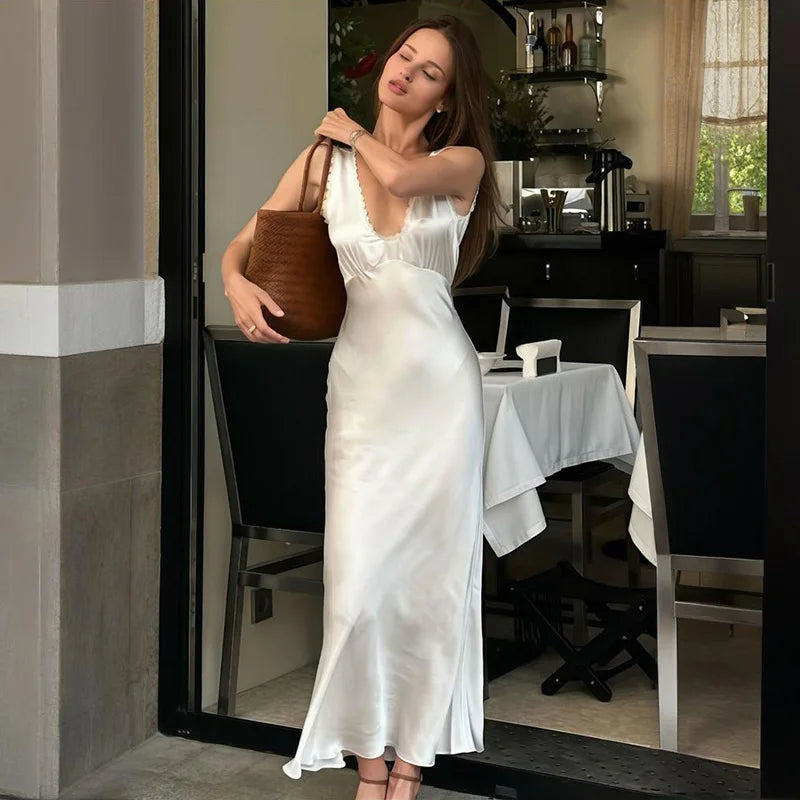 Glorol - Sleeveless Slim Lace V Neck Maxi Dress