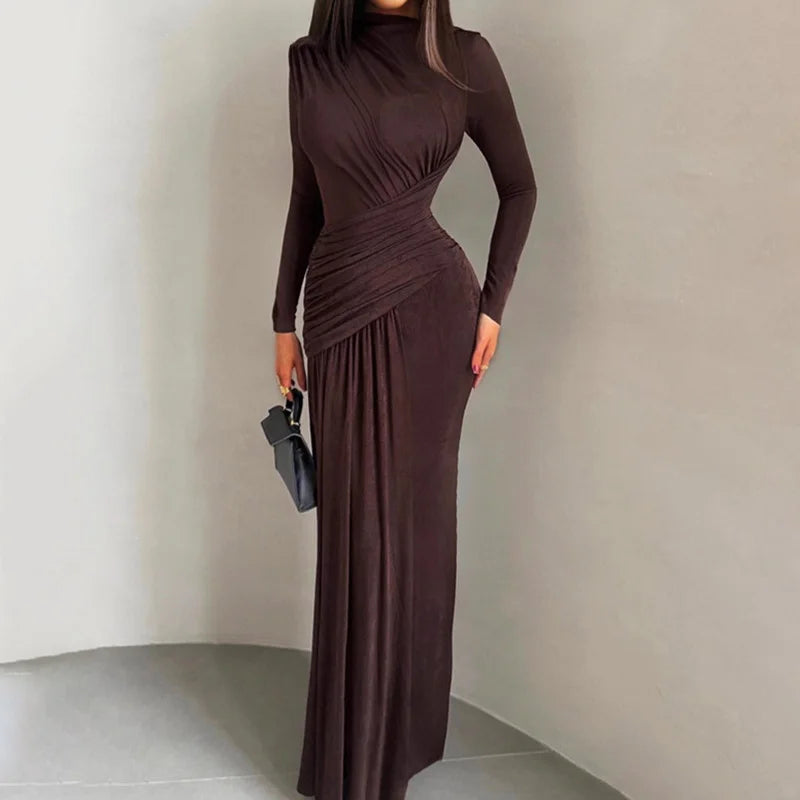 Glorol - Round Neck High Waist Long Sleeve Maxi Dress