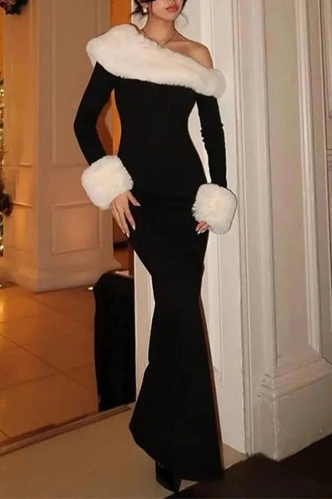 Glorol - Elegant Slash Collar Slim Maxi Dress
