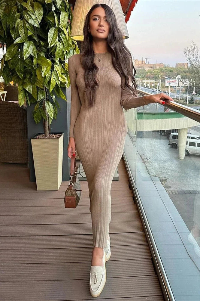 Glorol - Long Sleeve High Waist Patchwork Slim Maxi Dress