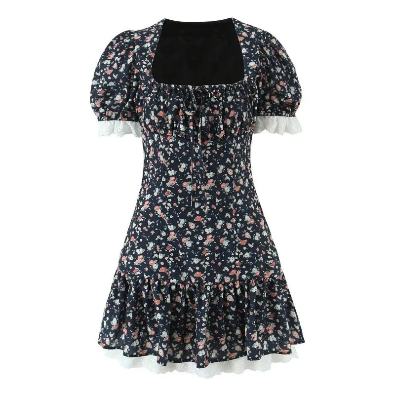 Glorol - Lace Up Print Patchwork Mini Dress