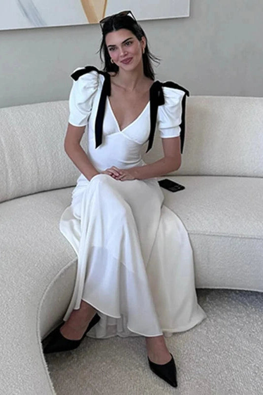 Glorol - Elegant Lace Up Puff Sleeve V Neck Maxi Dress