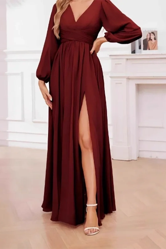 Glorol - Elegant Long Sleeve Loose V-Neck Split Maxi Dress