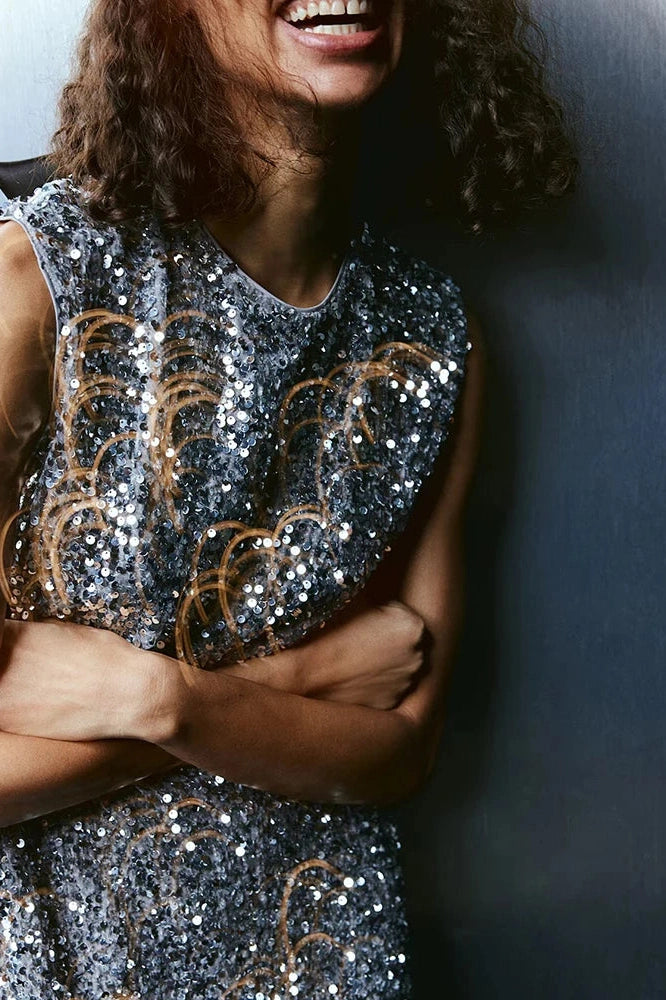 Glorol - Backless Sleeveless A-line Sparkle Mini Dress