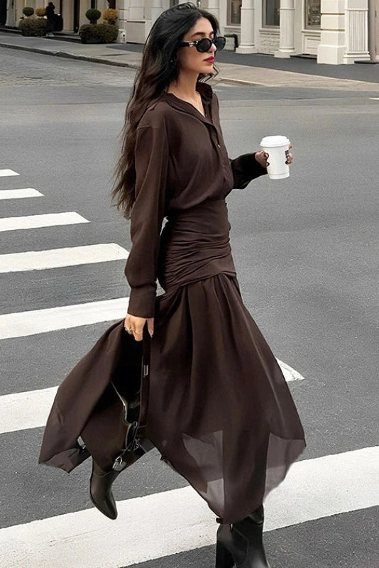 Glorol - Long-Sleeved Pleated Slim High Waist Midi Dress