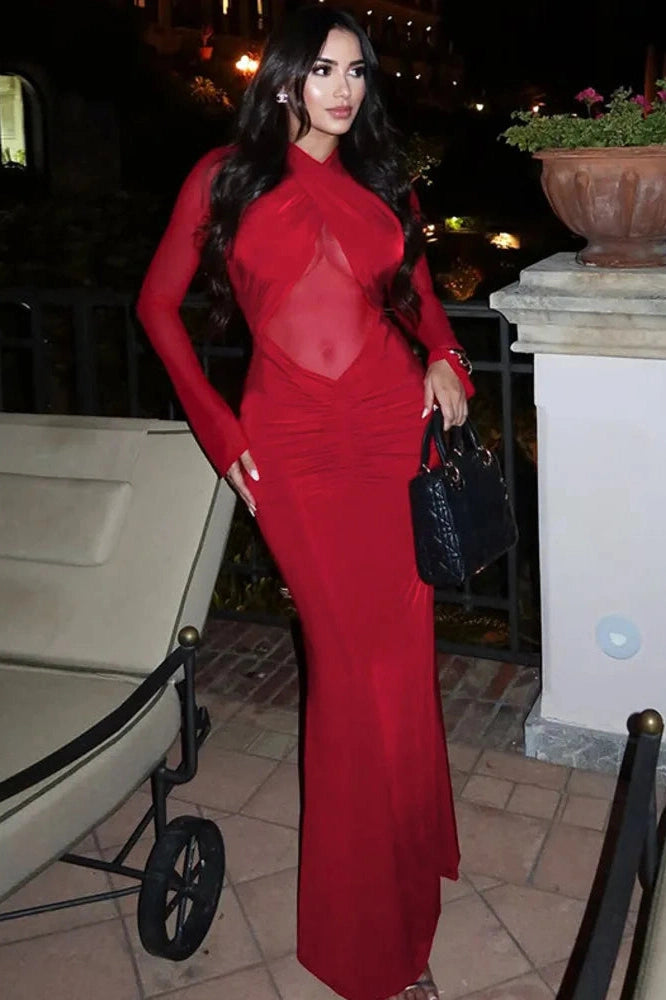 Glorol - Hollow Out Long Sleeve O Neck Bodycon Maxi Dress