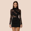 Glorol - Lace Turtleneck Long Sleeve Bodycon Mini Dress