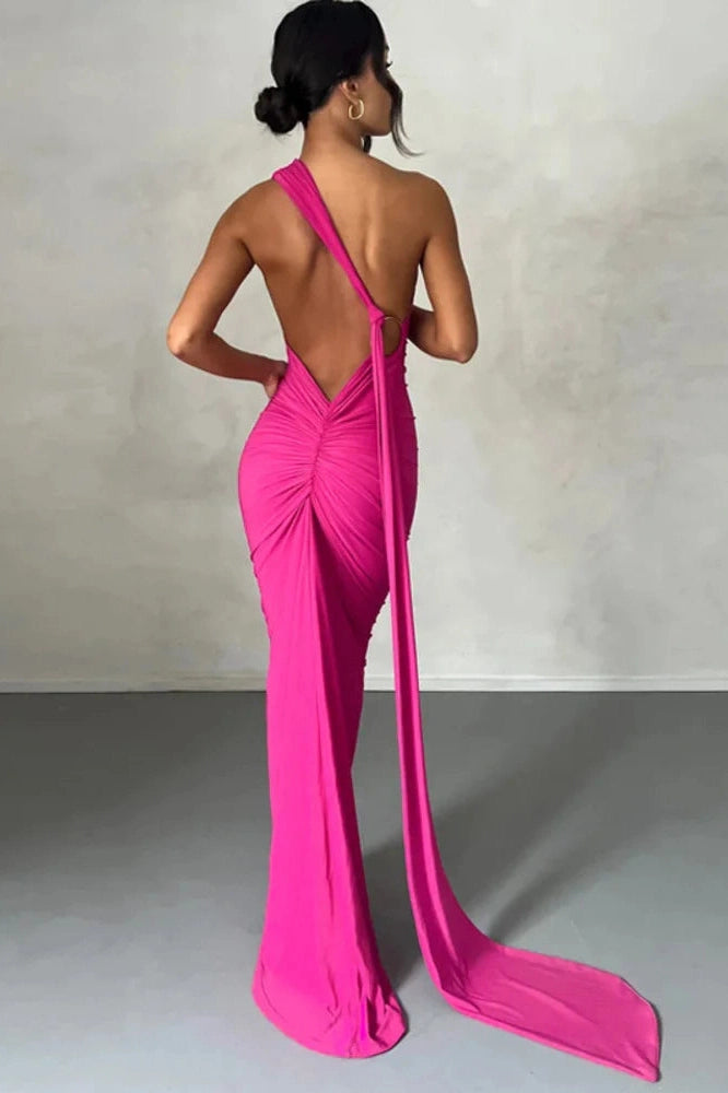 Glorol - Oblique Shoulder Sleeveless Backless Maxi Dress