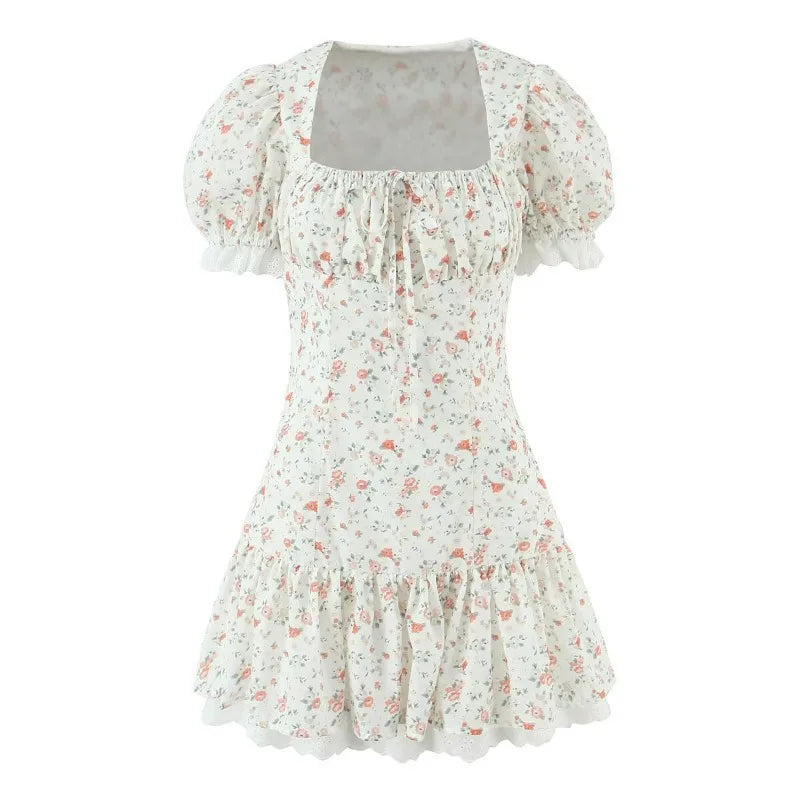 Glorol - Lace Up Print Patchwork Mini Dress