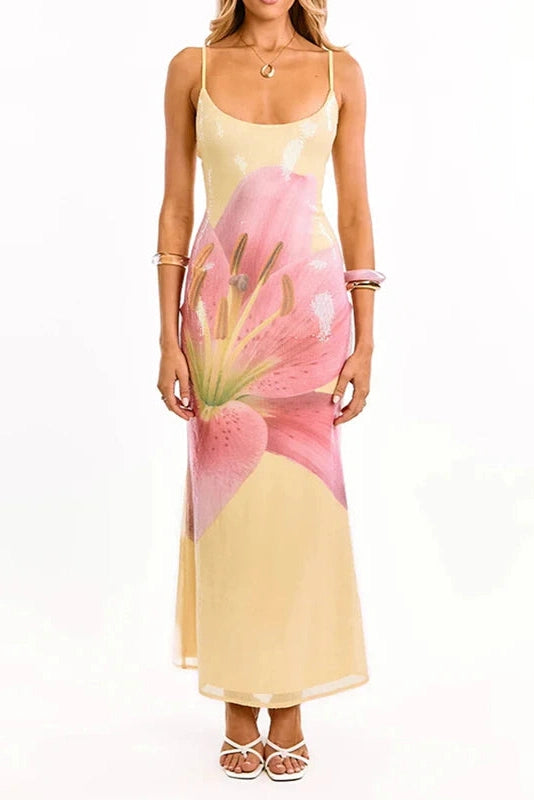 Glorol - Floral Print Sleeveless Slim High Waist Backless Maxi Dress