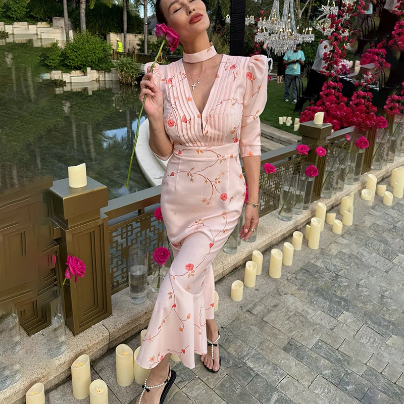 Glorol - Deep V Neck Slim Long Sleeve High Waist Midi Dress