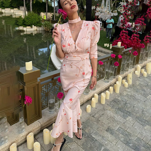 Glorol - Deep V Neck Slim Long Sleeve High Waist Midi Dress