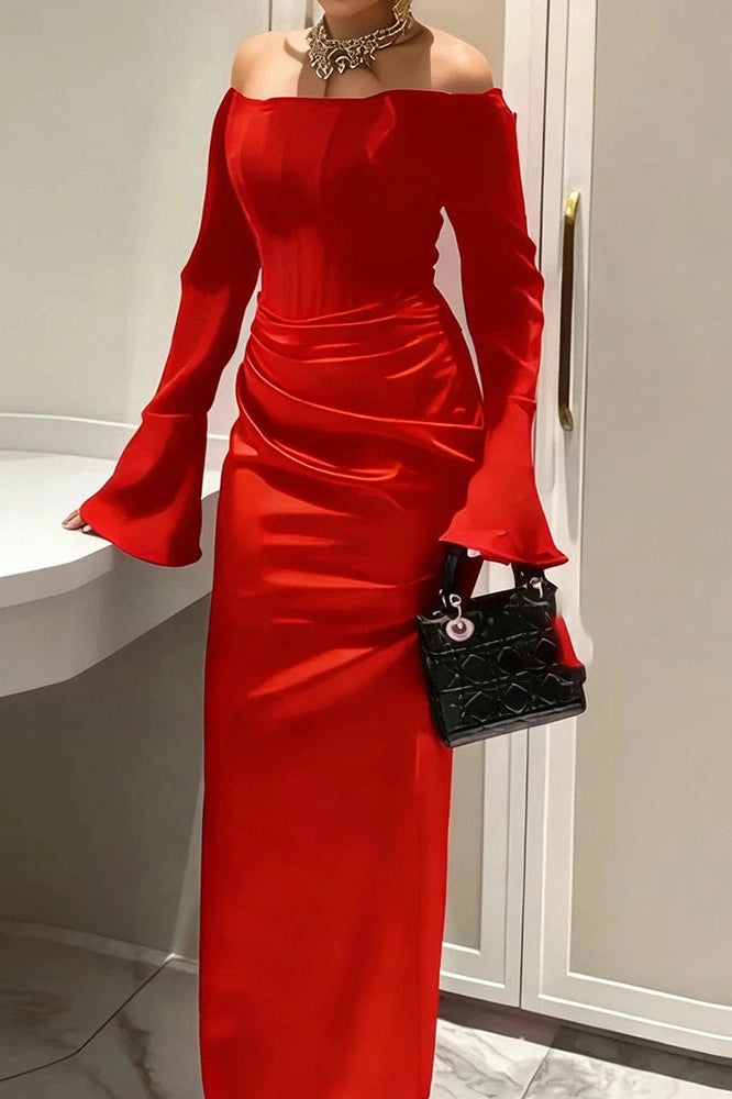 Glorol - Elegant Off-Shoulder High Waist Pleated Maxi Dress