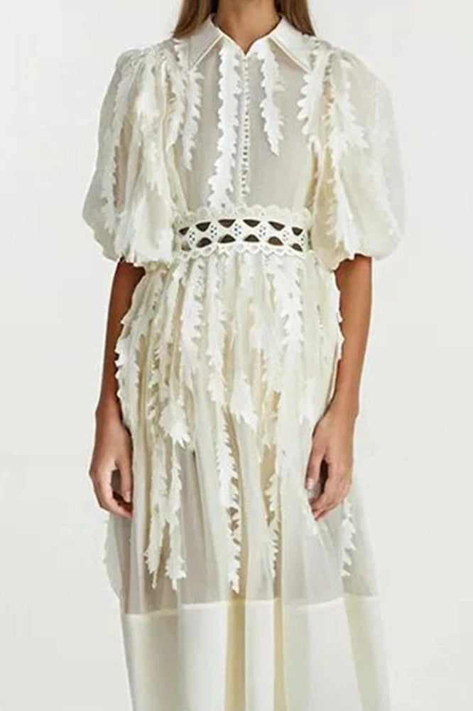 Glorol - Elegant Loose Puff Sleeve High Waist Midi Dress