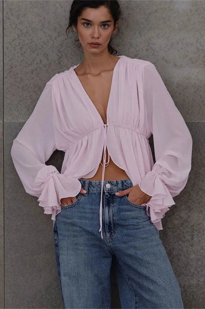Glorol - Lace-Up V-Neck Loose Patchwork Top