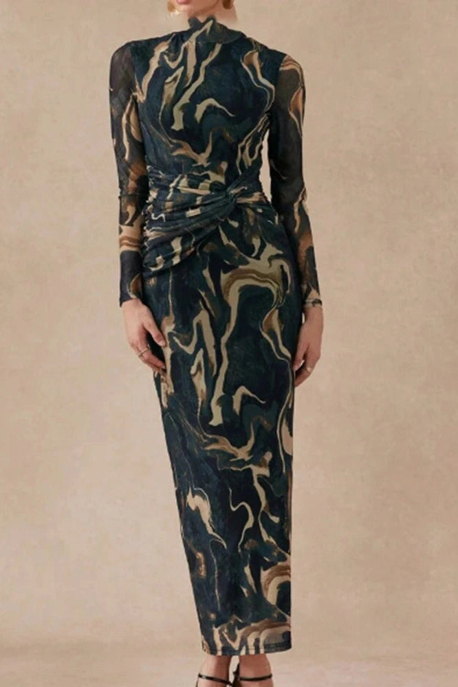 Glorol - Printed Slim O-Neck Long Sleeve High Waist Maxi Dress