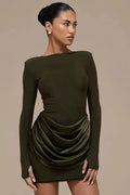 Glorol - Long Sleeve Patchwork O Neck High Waist Mini Dress