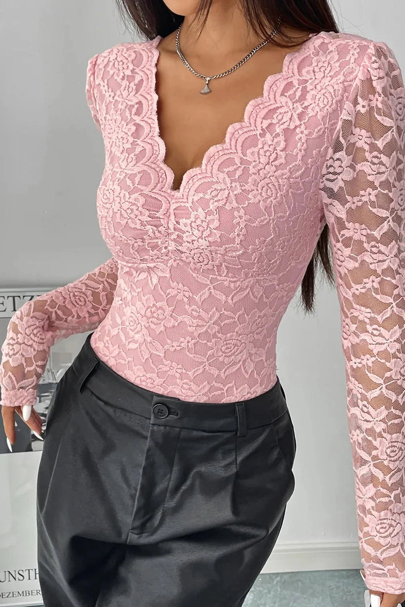 Glorol - Lace Long Sleeve Embroidery V-Neck Jumpsuit
