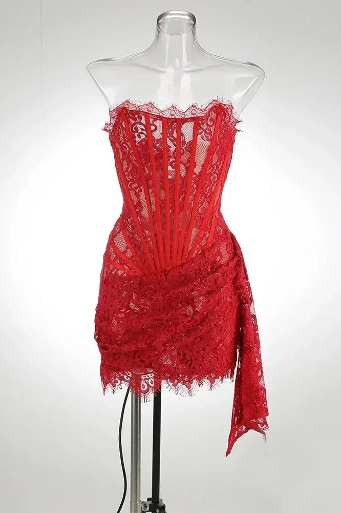 Glorol - Lace See-Through Patchwork Bodycon Irregular Mini Dress
