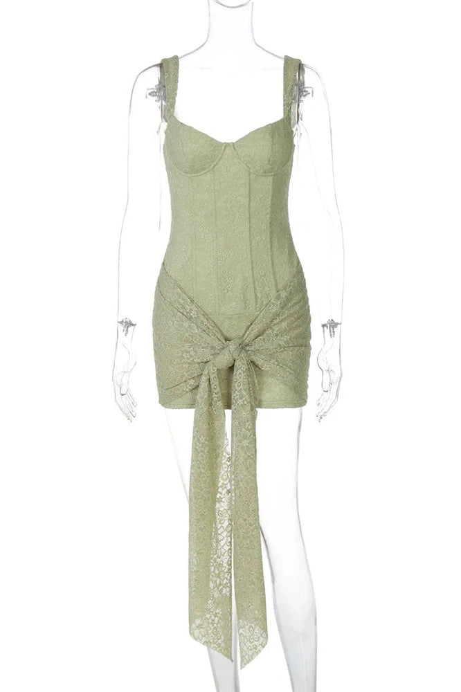 Glorol - Lace Slim See-Through High Waist V-Neck Bodycon Mini Dress