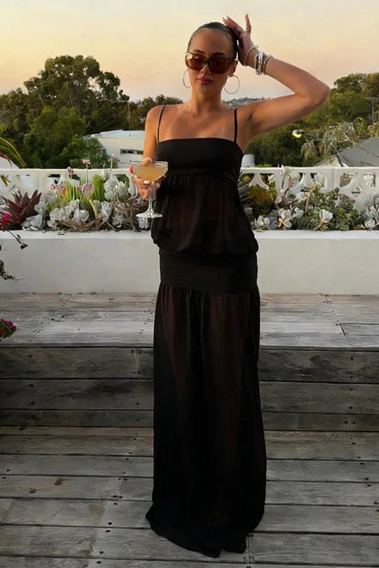 Glorol - See-Through Patchwork Spaghetti Straps Maxi Dress