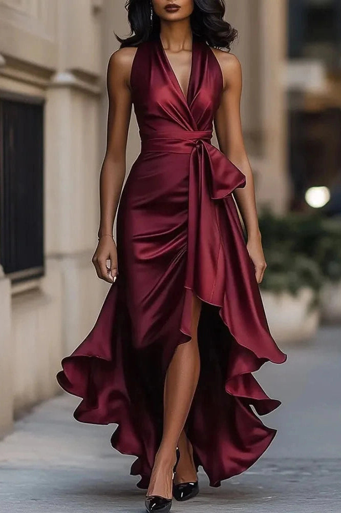 Glorol - Lace Up Off Shoulder V-Neck Slim Pleated Irregular Maxi Dress